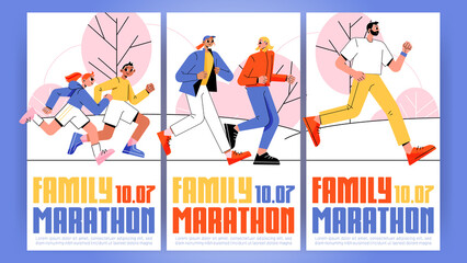 Family marathon ads banners, invitation for parents and children to run sports competition. Father, mother, daughter and son characters healthy lifestyle, outdoor activity Line art flat Vector posters