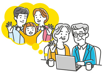 祖父母とオンラインで連絡をとる家族、リモート帰省