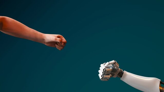 Futuristic concept of a robot playing with a human in a paper scissors rock game