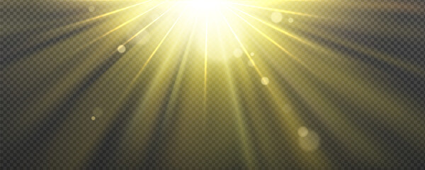 Sun light effect with yellow rays and lens glare isolated on transparent background. Vector realistic illustration of abstract flare or sunlight shine with blurred beams