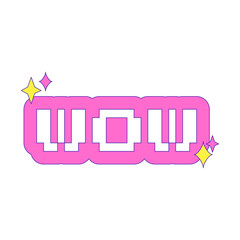 Y2k sticker. The word WOW. Retro pixel font. Sticker with pink outline and bling elements. Nostalgia for the 2000s. Simple text vector illustration isolated on a white background