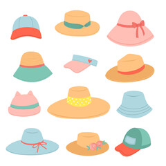 Set of summer hats, straw hats flat design vector
