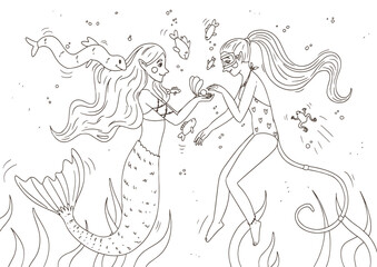 Children's coloring book. Coloring book for girls. Mermaid coloring book. Black and white linear drawing of a little mermaid and an elf.