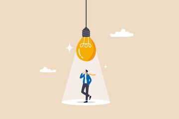 Innovation, creativity or imagination for business success, thinking about idea, solution to solve problem or brainstorm concept, smart businessman thinking under inspired bright light bulb. © Nuthawut