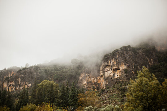 Monastery on cliff under fog in Marmaris Turkey