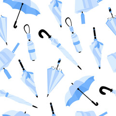 Fototapeta na wymiar Seamless pattern with different Umbrellas in various positions. Open and folded umbrellas. Blue colors. Hand drawn colored Vector illustration. Cartoon style. Design templates. Isolated on background