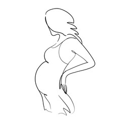 Linear silhouette of a pregnant woman. Continues line. Stock  VECTOR illustration isolated on white background.