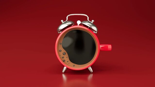 Alarm clock coffee. Red cup with strong black espresso for good morning. 4k