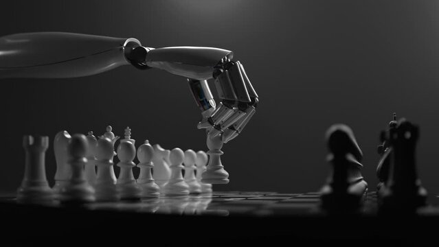 Shiny futuristic robotic arm playing chess. Artificial intelligence algorithm.