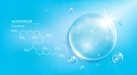 Drop water moisturizer blue and structure squalane molecule. Vitamins complex solution with chemical formula from nature saturated compound. Beauty treatment nutrition skin care medical. 3D Vector.