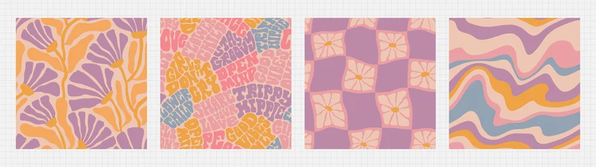 Deurstickers Y2k groovy summer seamless pattern set - floral, lettering, checkered, marble. Funky retro aesthetic prints for modern fabric design with melting organic shapes. © Veronica