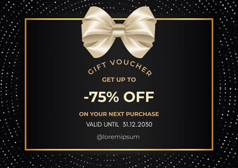 75% off coupon gift voucher template with silver bow isolated on luxury background. Premium design for discount cards, discount labels, coupon code, sale discount coupon, gift certificate.