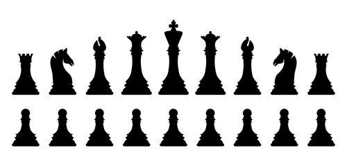 Black silhouette chess pieces set isolated on white background. Chess icons. King, queen, rook, knight, bishop, pawn. Vector illustration for design. - obrazy, fototapety, plakaty