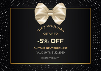 5% off coupon gift voucher template with silver bow isolated on luxury background. Premium design for discount cards, discount labels, coupon code, sale discount coupon, gift certificate.