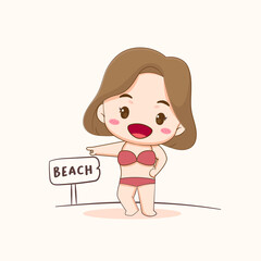 Cute girl wears bikini walking on the beach. Summer holidays and vacation. Chibi cartoon character. Flat vector illustration