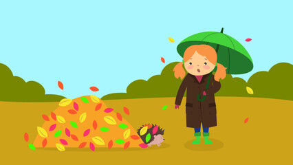 Obraz na płótnie Canvas A girl with an umbrella met a hedgehog in the foliage