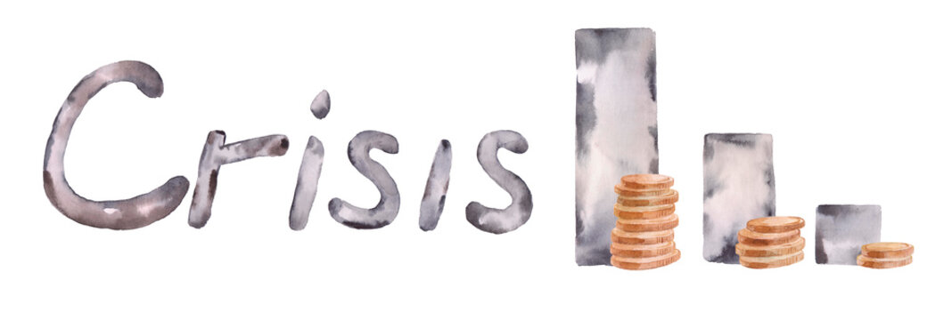 Watercolor illustration. Global financial crisis. Bankruptcy, lack of money. Stack of coins, wooden cube, arrow to down sign