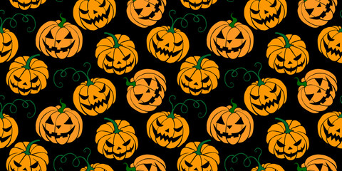 Vector Seamless pattern with pumpkins, Jack o Lantern. Halloween backgrounds and textures in flat doodle style, isolated
