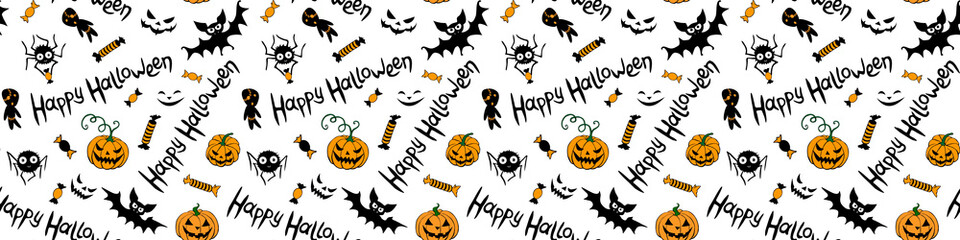 Happy Halloween-seamless pattern of traditional holiday symbols-pumpkin, Jack lantern, zombie, bat, spider, candies. Funny texture for greeting card, invitation, party poster, wrapping paper