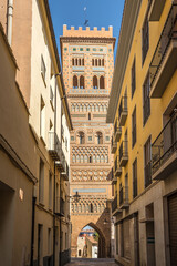 View at the Saint Martin tower in Mudejar style in the streets of Teruel - Spain