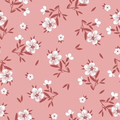 Simple vintage pattern. wonderful
white flowers, dark pink leaves. pink background. Fashionable print for textiles and wallpaper.