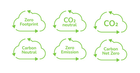 Zero carbon emission linear style green icon set. CO2 neutral, greenhouse gas emission reduction, zero carbon footprint concept. Eco friendly design elements. Linear style vector illustration.