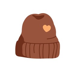 Knitted hat, head wear, clothes. Knitwear, headwear for winter, autumn season. Childs headdress with cute heart. Flat vector illustration isolated on white background