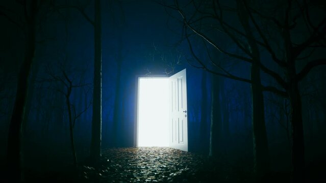 Fantasy scene. The bright door portal in the old wood. Time travel CGI render 4k