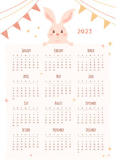 Calendar 2023 one page. Poster with months dates and cute rabbit head, decorative bunting, stars on white background. Desk or wall poster, print. Vector illustration with symbol of New Year bunny