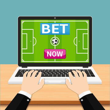 Flat illustration of human hand using laptop for online betting