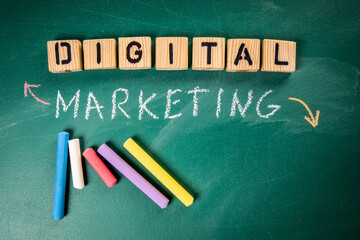 Digital Marketing concept. Text from wooden blocks on a green chalkboard