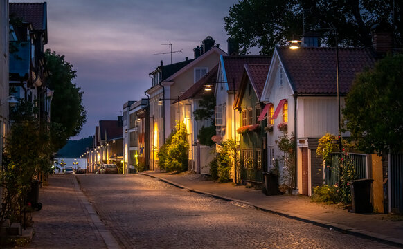 Houses on street at night