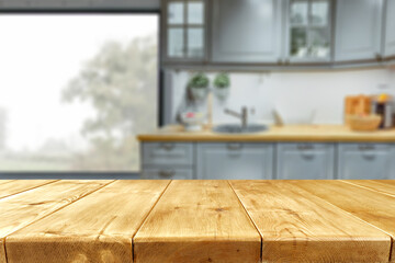 Desk of free space and kitchen interior. 