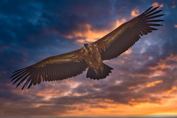 Obraz premium vulture flying with wings fully spread under dramatic deep red and blue sky at sunset
