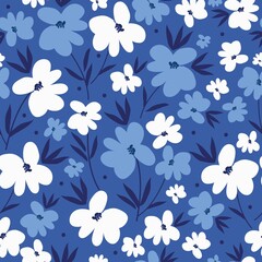 Simple vintage pattern. wonderful
white and blue flowers, dark blue leaves. blue background. Fashionable print for textiles and wallpaper.