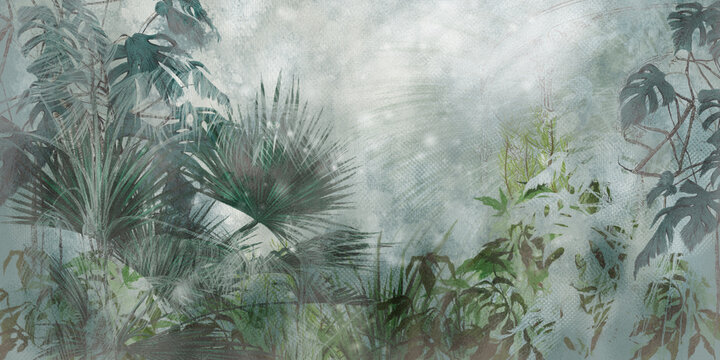 tropical plants on a textural background in dark colors art drawing photo wallpaper in the interior © Виктория Лысенко