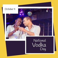 Square image of national vodka day with text with two diverse men drinking drinks