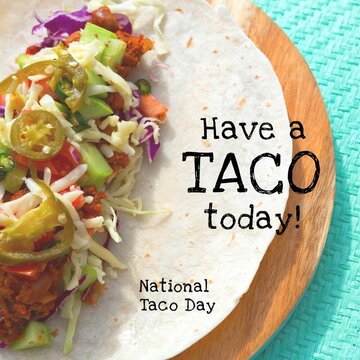 Square image of national taco day text with taco on plate
