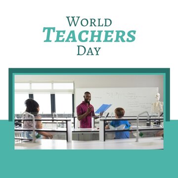 Square image of world teachers day text with picture of diverse group of pupils