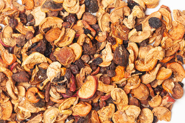 Dried fruits, apples, pears, apricots, plums,grapes,raisins, background top view.