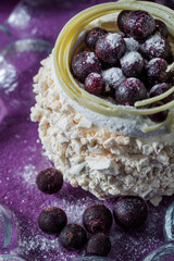Dessert with bizet crumbs, blueberries and white chocolate strips