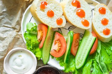 Vegetables with bread on the table. Delicious tasty vegan food 