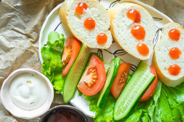 Vegetables with bread on the table. Delicious tasty vegan food 