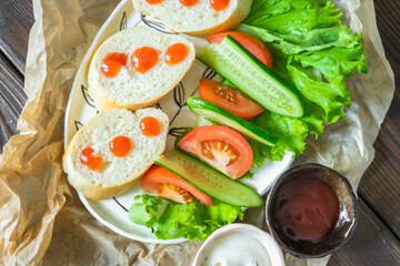 Vegetables with bread on the table. Delicious tasty vegan food 