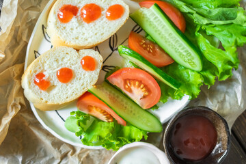 Vegetables with bread on the table. Delicious tasty vegan food 