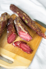 Beef and pork fresh meat with salt and spices on the table. Delicious tasty meat food 