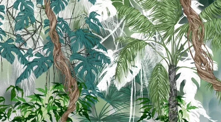 Papier Peint photo Olive verte dessin d& 39 art de plantes topiques feuilles d& 39 arbres lianes dans un papier peint photo de style pastel à l& 39 intérieur