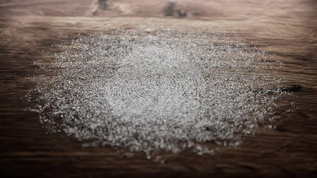Police dusting powder being swept away revealing clean fingerprint on a wood. 4K