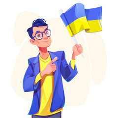 Man with Ukrainian flag, male character pointing with index finger on Ukraine national country symbolic. Cartoon male character patriot, freedom, patriotism, independence concept, Vector illustration