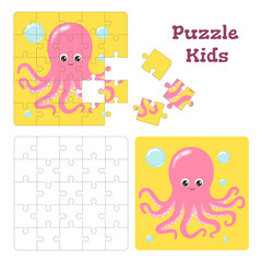 Jigsaw puzzle kids game. Cartoon vector illustration in flat style. Educational game for preschool children with cute octopus.